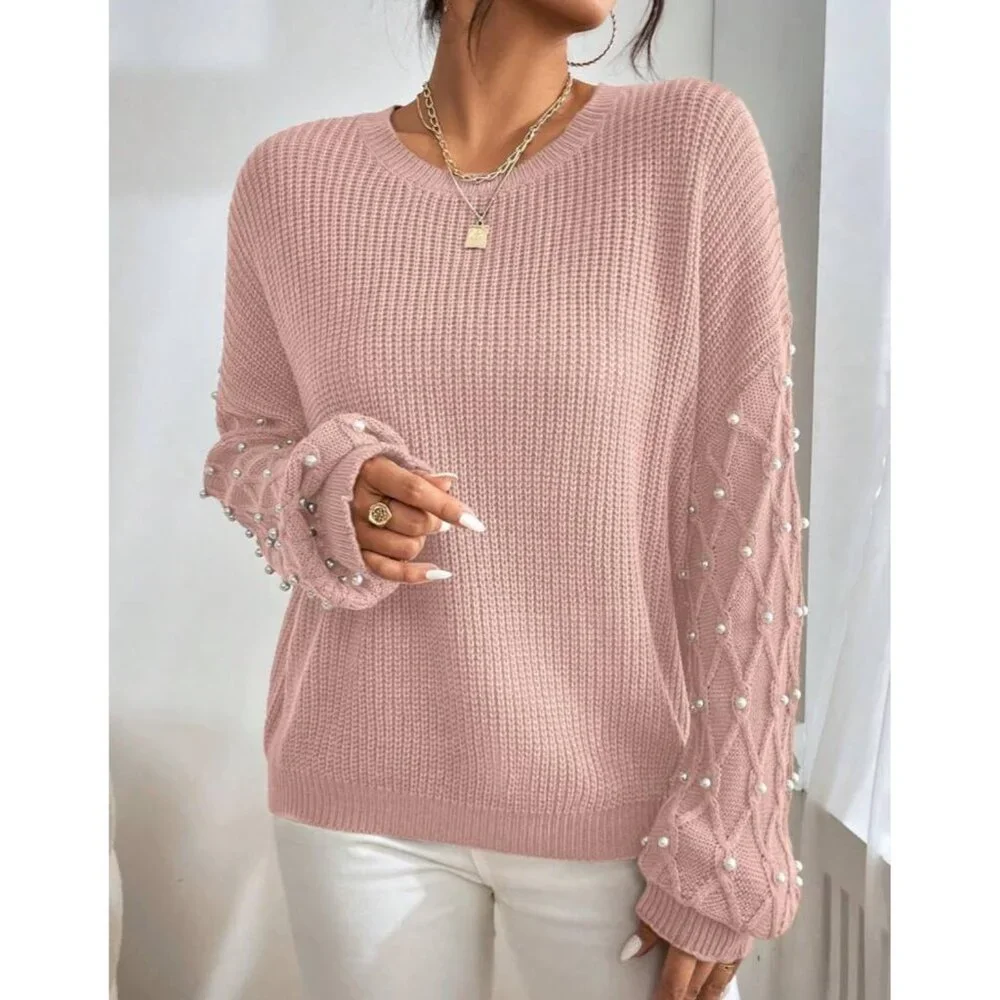 Casual Pink Pearl Round Neck Drop Shoulder - Picture 3 of 6